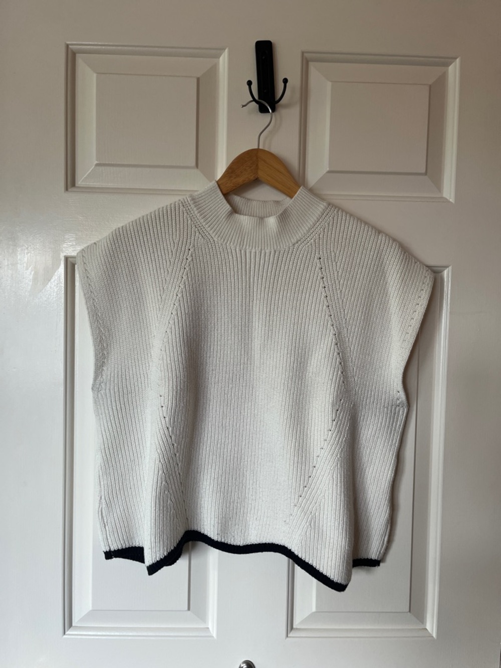 Anthropologie White Knit Sleeveless Crewneck Sweater with Black Trim